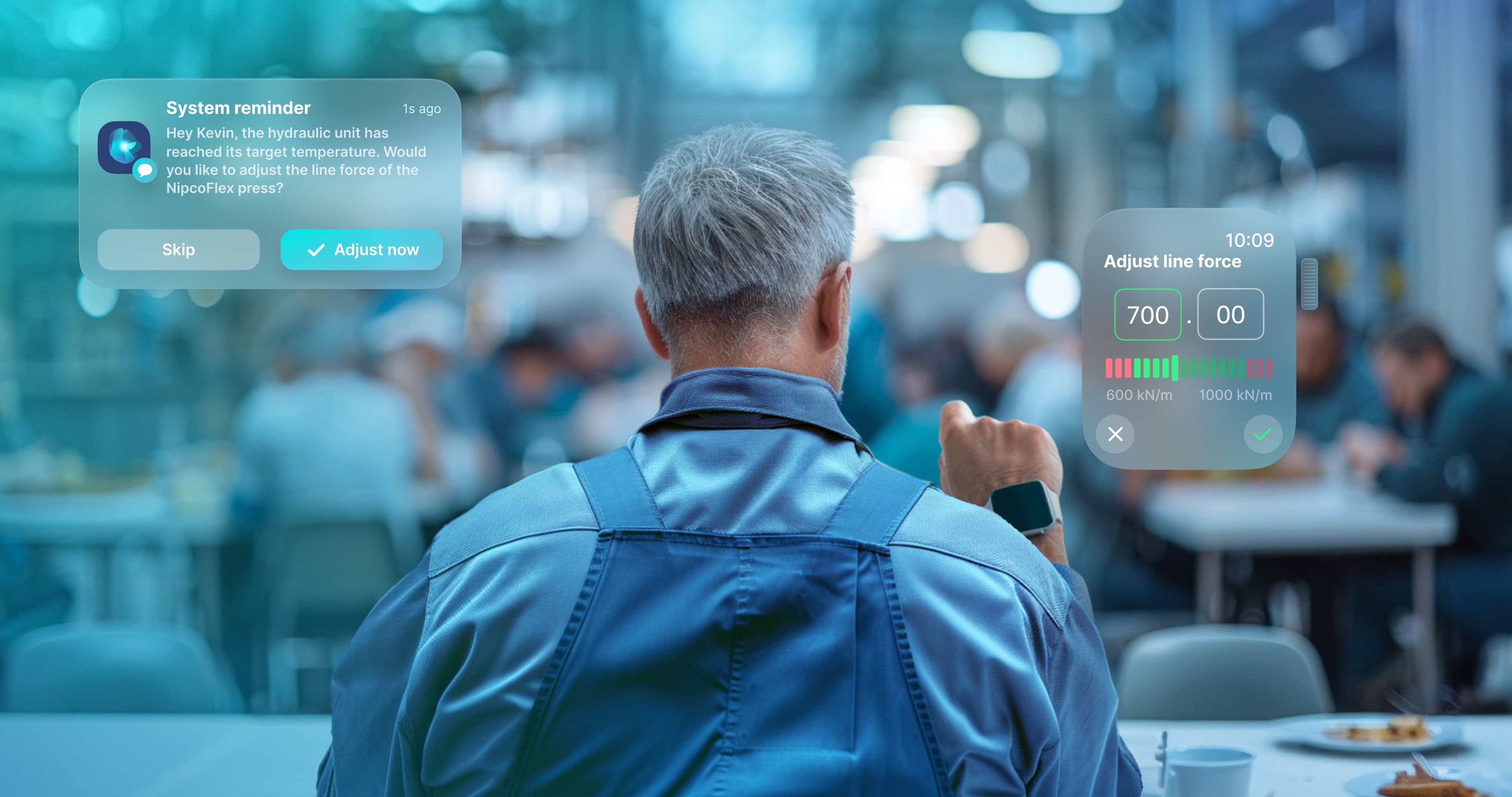 Factory worker receiving a system notification on a smartwatch, adjusting machine settings in a connected industrial environment.