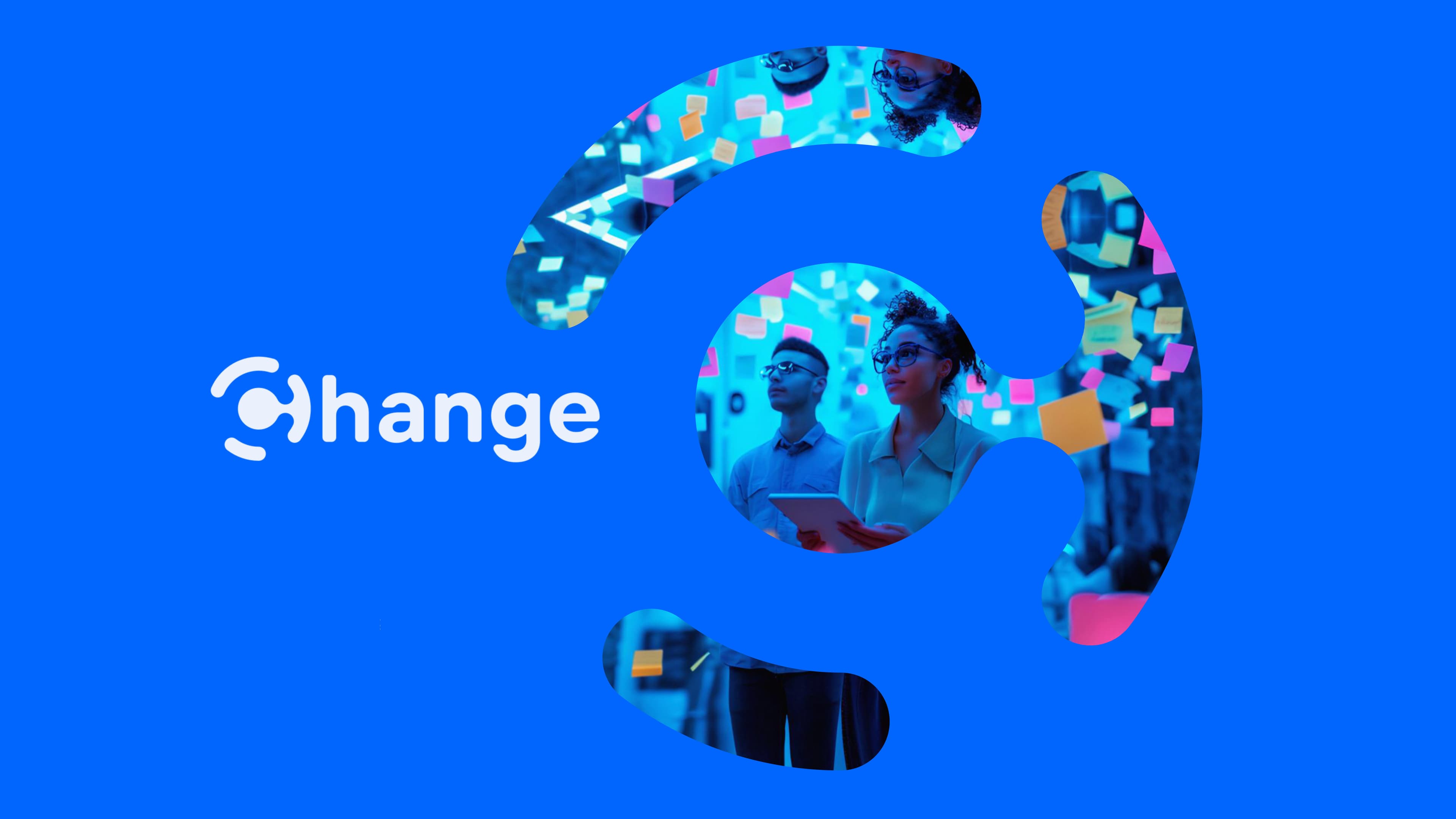 Stylized graphic with the word change and abstract shapes framing two people observing floating sticky notes in a digital environment.