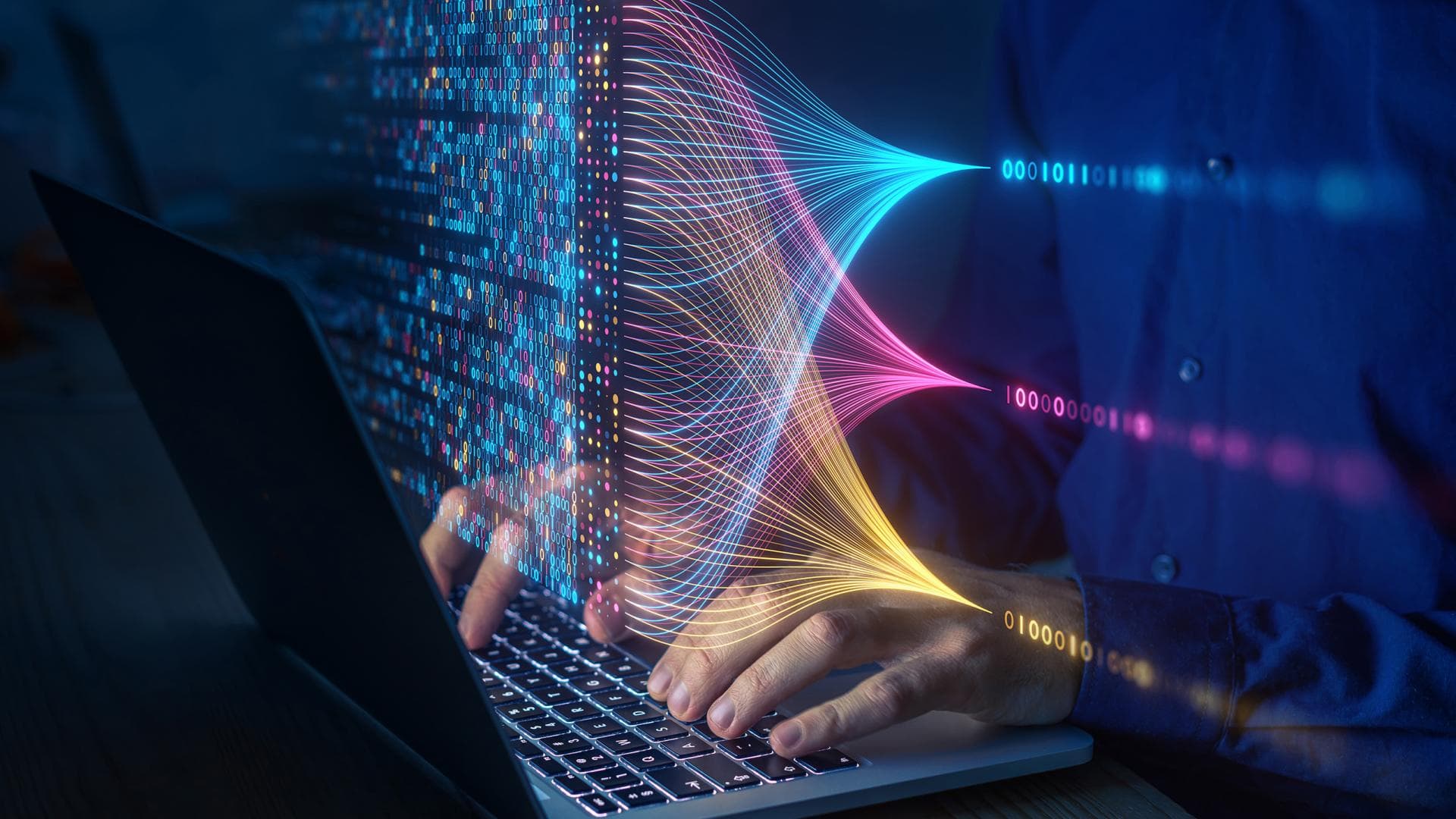 Programmer types on laptop, surrounded by colorful data streams. Abstract concept of cloud computing and data processing.