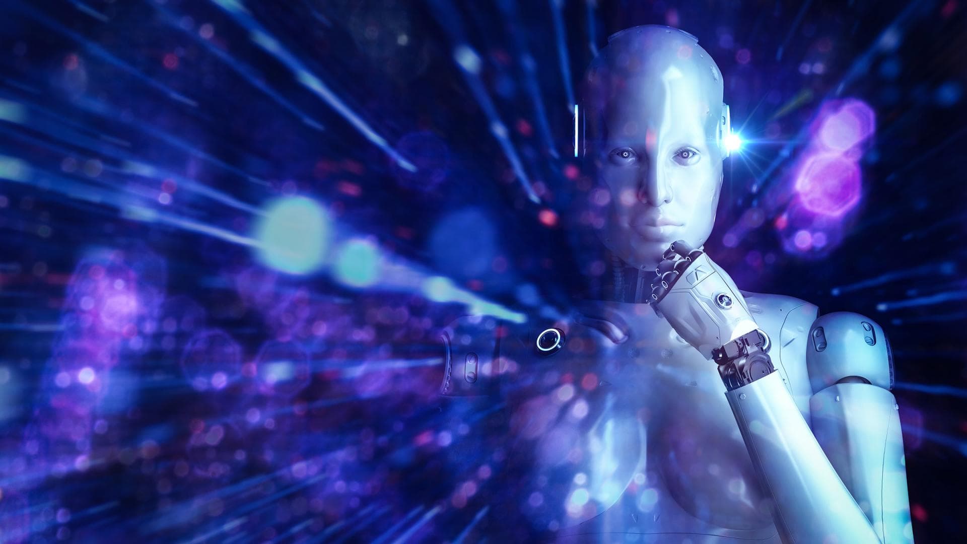 Futuristic humanoid robot surrounded by glowing digital particles, symbolizing artificial intelligence and advanced technology.