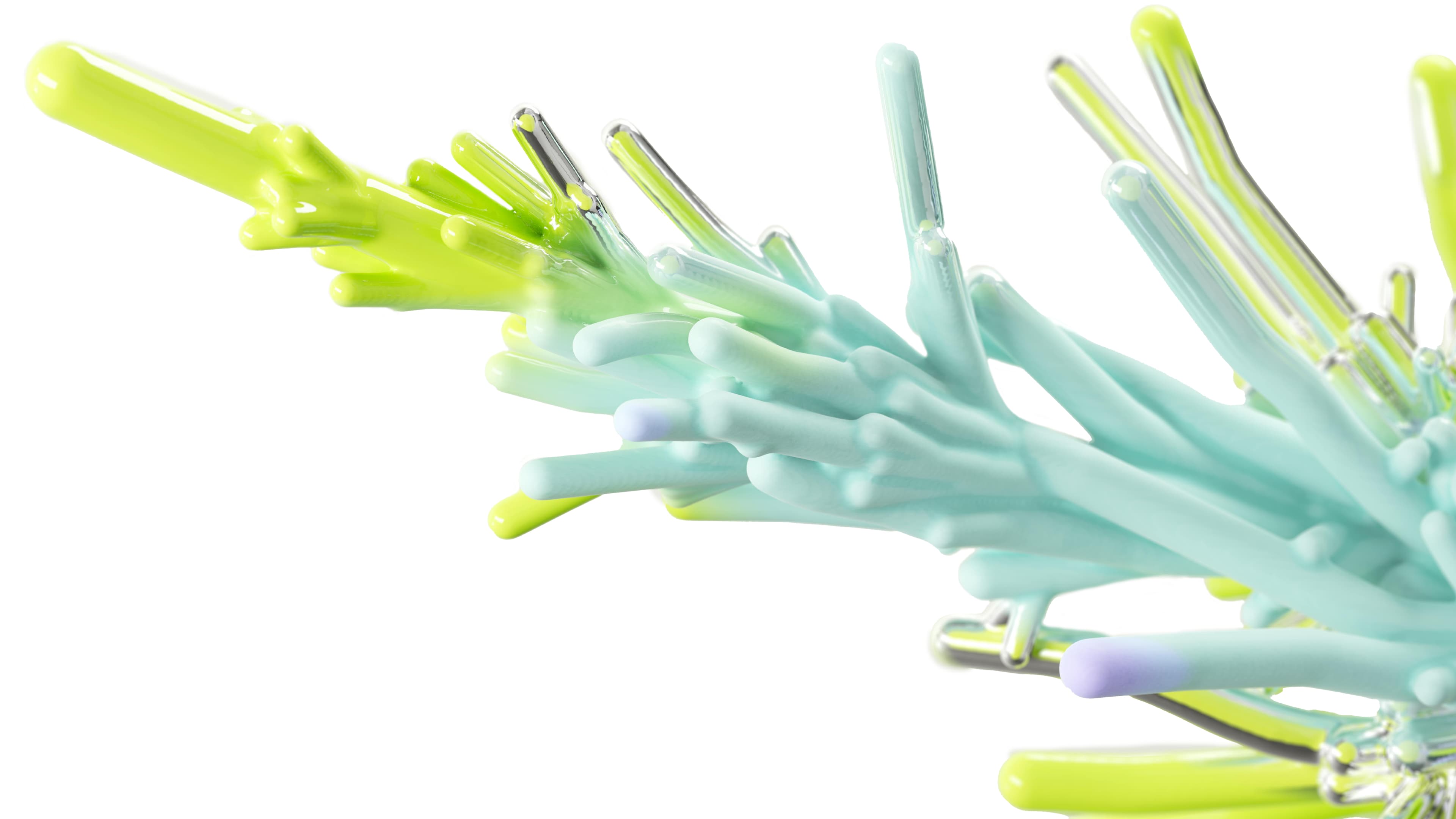 Abstract 3D-rendered structure with intertwined translucent and pastel-colored elements.