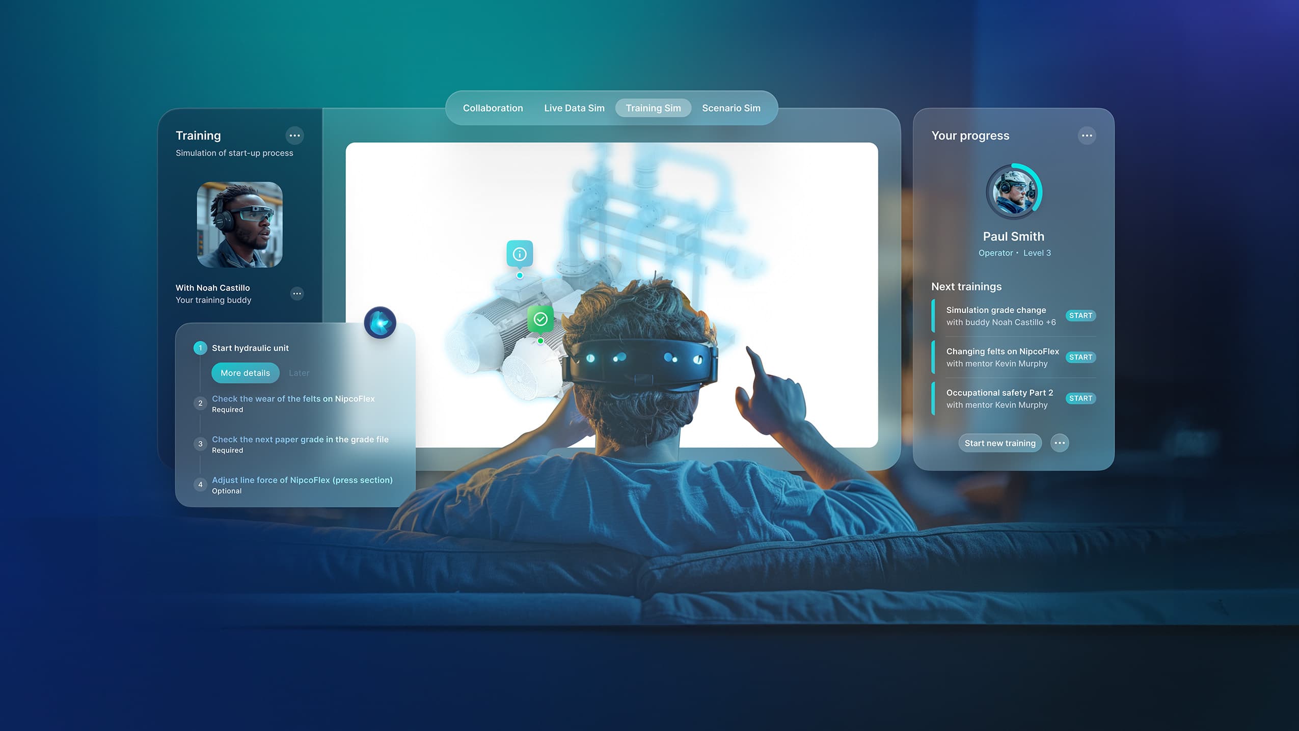 Person using a VR headset for an interactive digital training session with real-time progress tracking.
