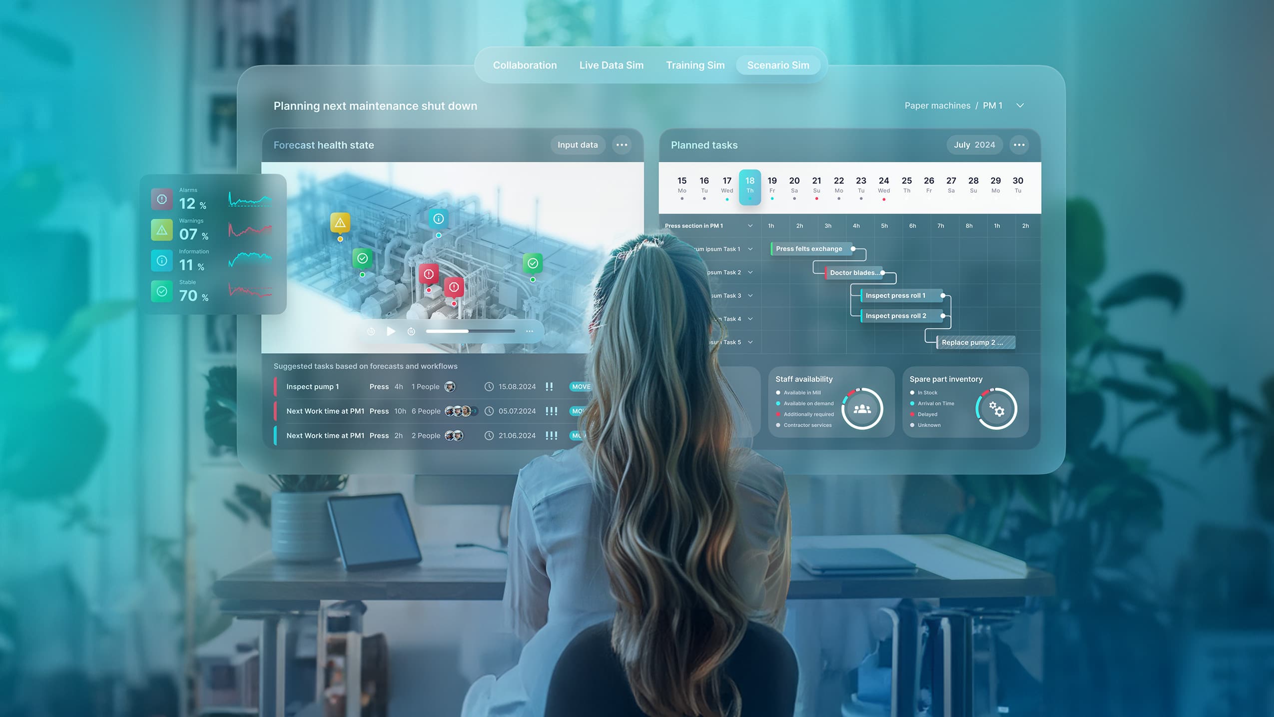 Woman interacting with a futuristic digital interface displaying industrial data and workflow management.