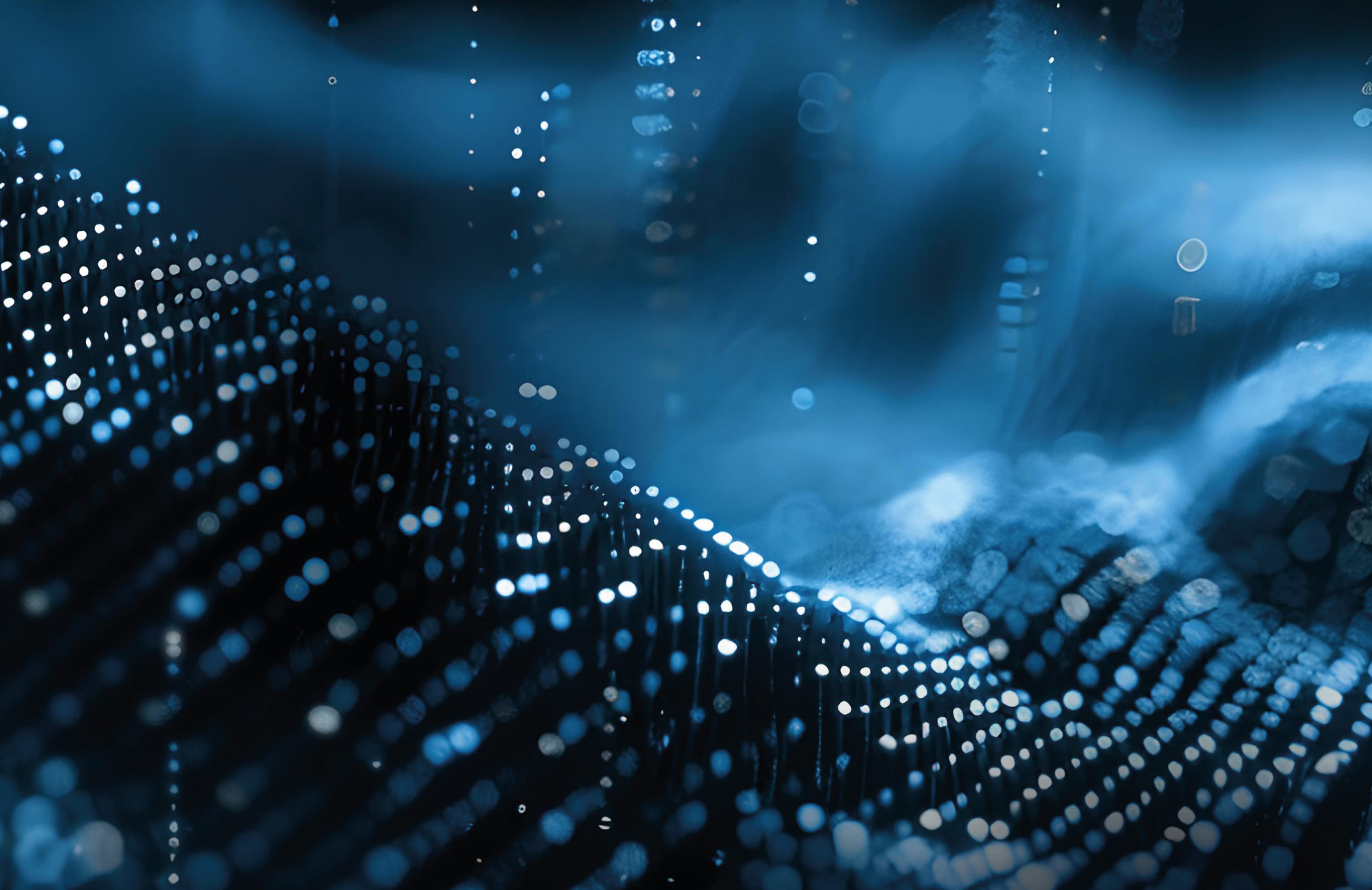 Abstract digital visualization with glowing blue dots forming wave-like patterns, representing data flow or technological networks.
